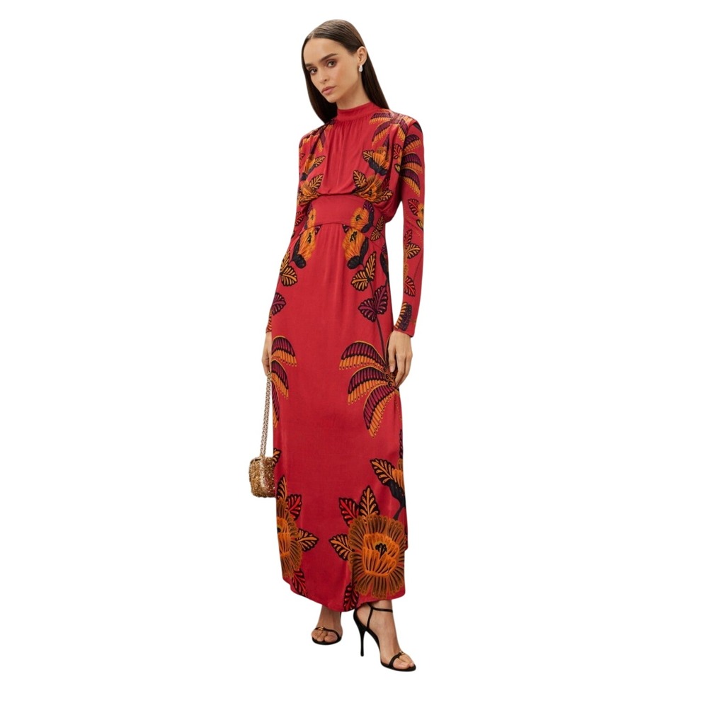 FARM Rio Living Bloom Maxi Dress Long Sleeve Mock Neck Dramatic Boho XL READ